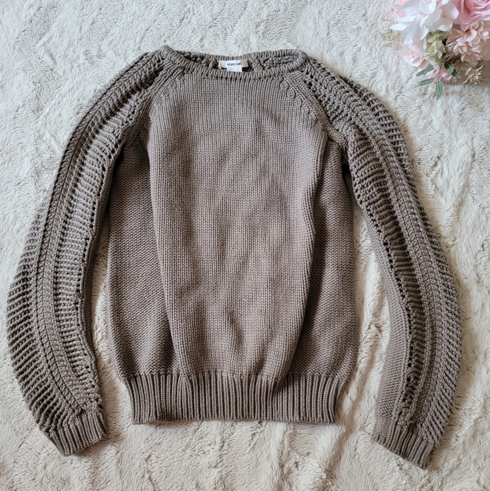 Helmut Lang Soft Skeletal Cord Mixed Knit Crew Neck Pullover Slate Taupe Size P